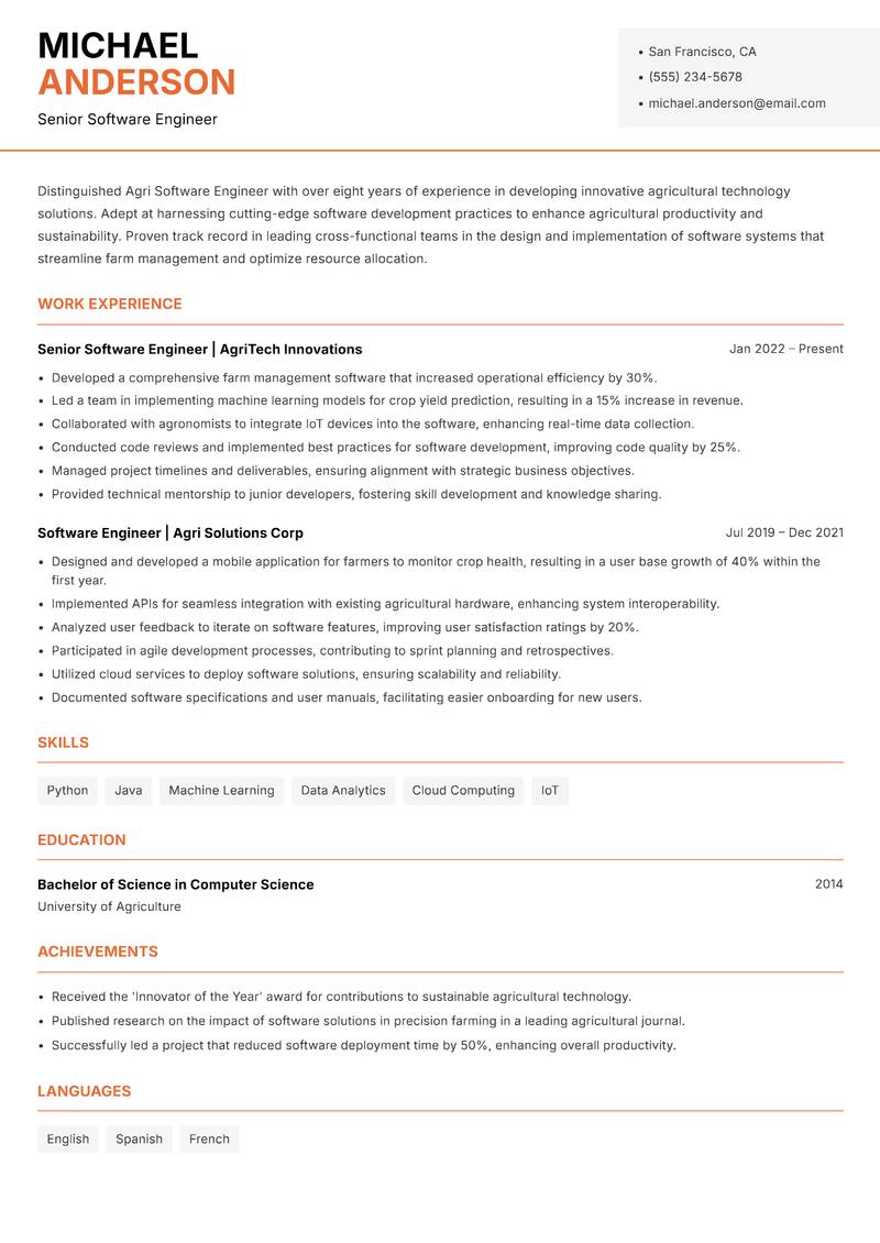 Agri Software Engineer resume template — Modern Professional
