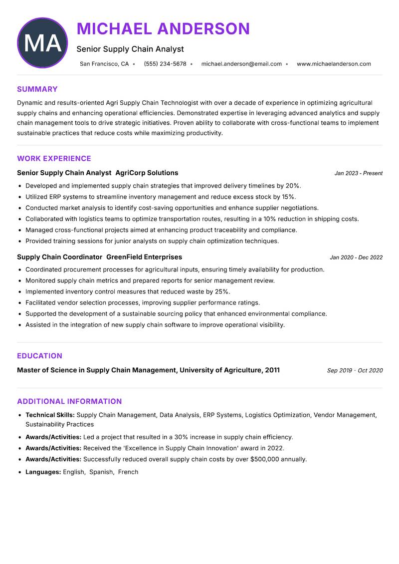 Agri Supply Chain Technologist resume example — ATS-friendly template