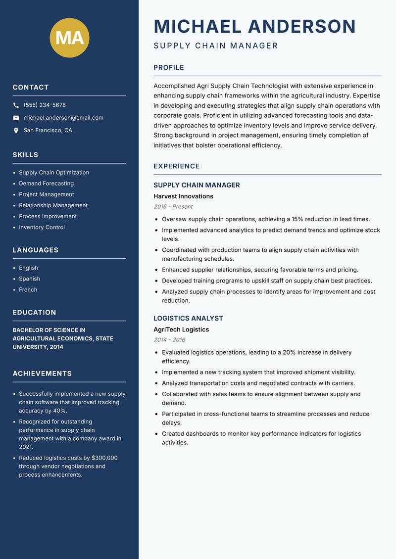 Agri Supply Chain Technologist resume template — Classic Clean