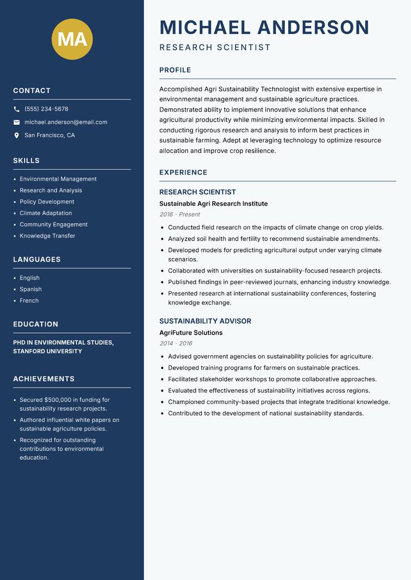 Agri Sustainability Technologist resume template — Classic Clean