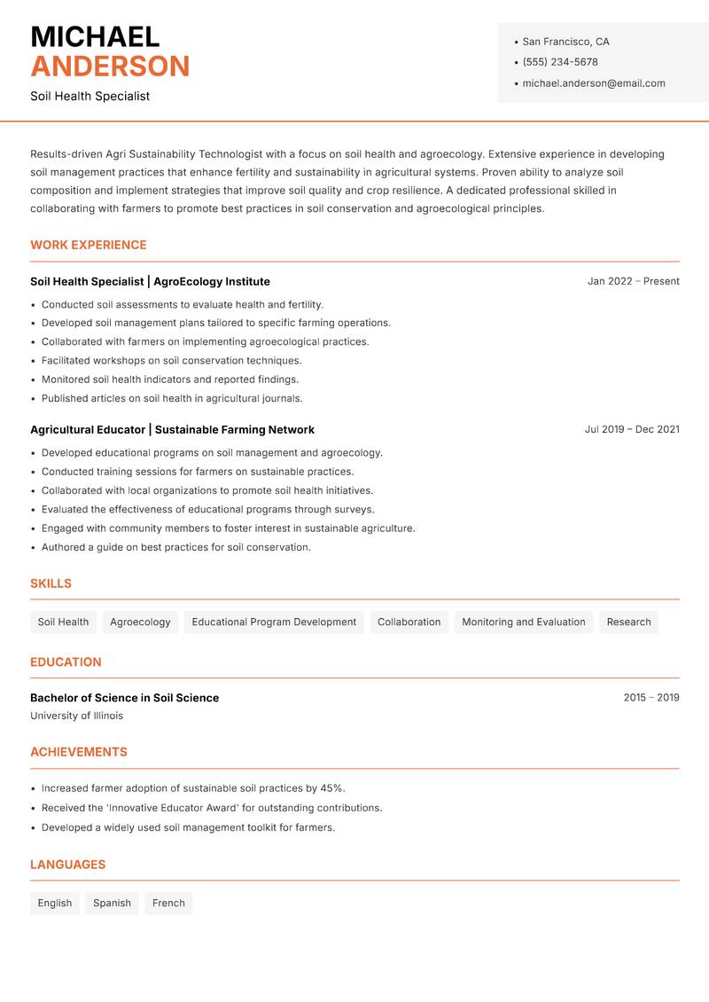 Agri Sustainability Technologist resume template — Modern Professional