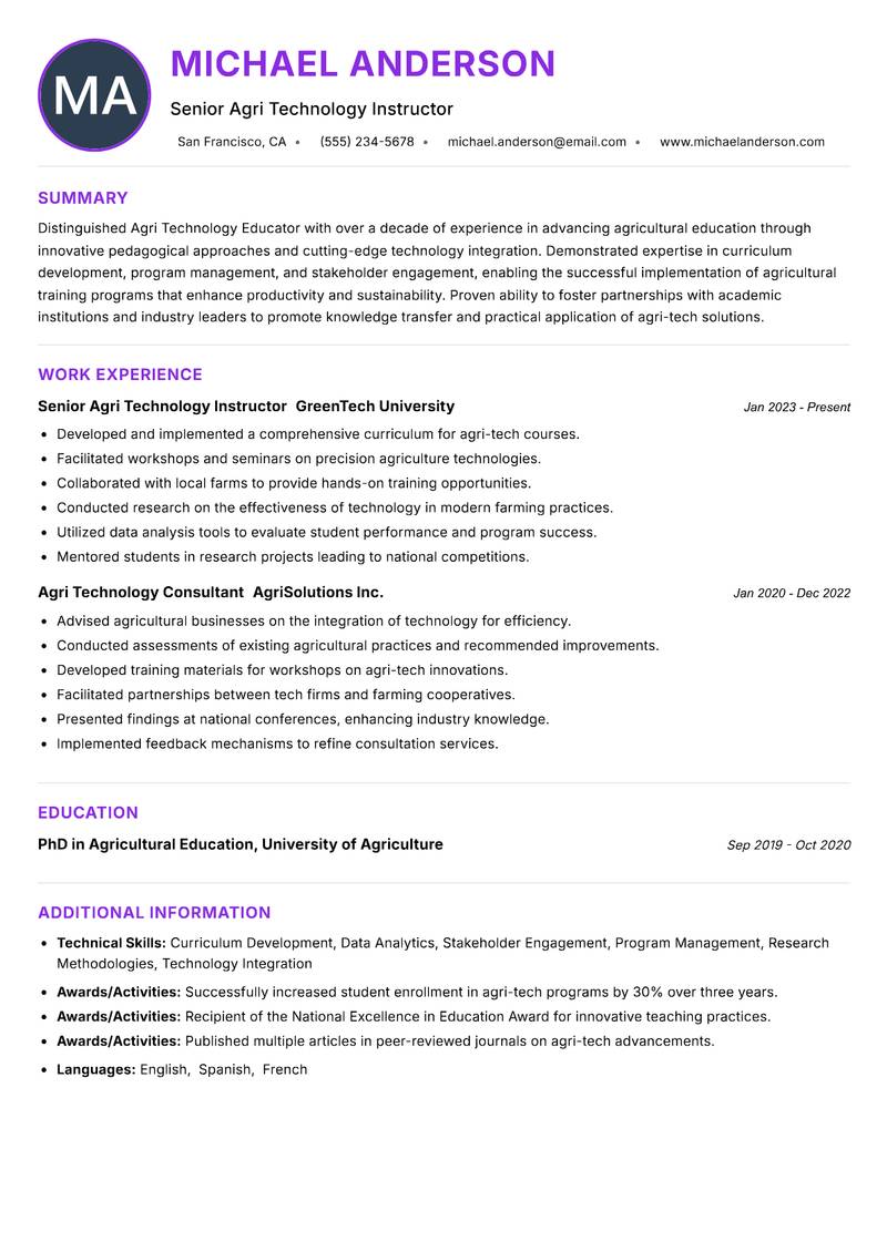 Agri Technology Educator resume example — ATS-friendly template