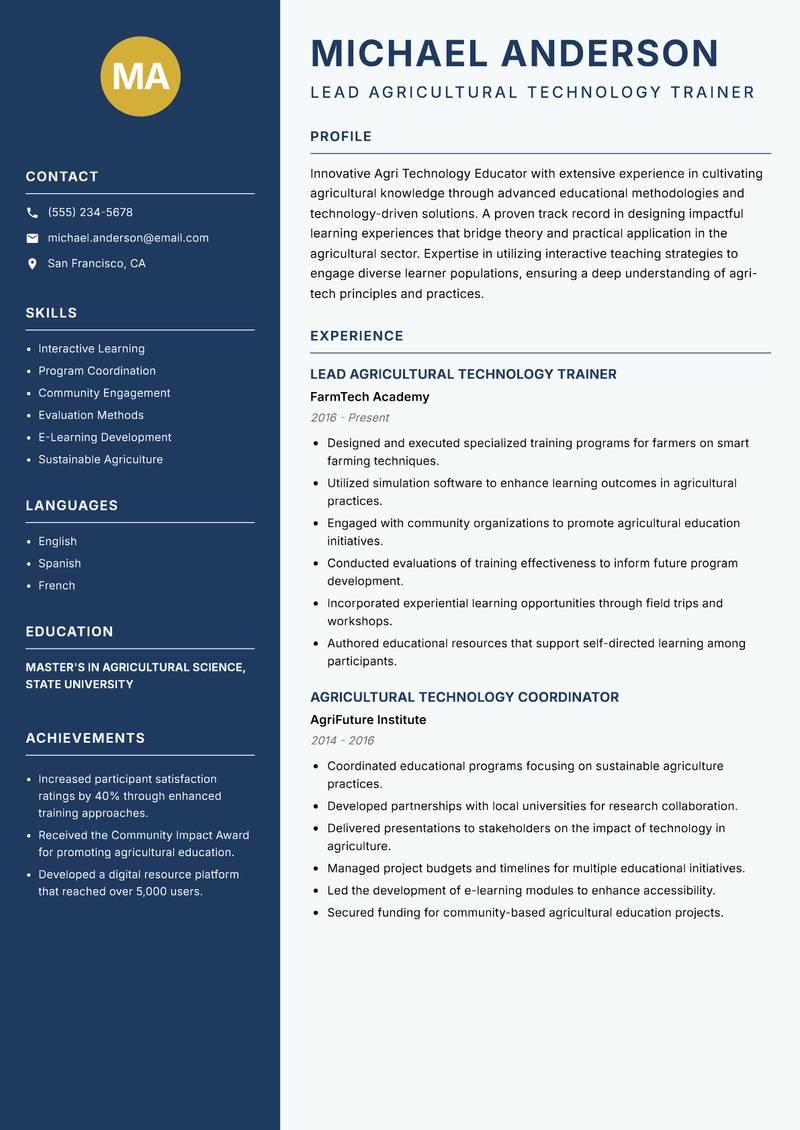 Agri Technology Educator resume template — Classic Clean
