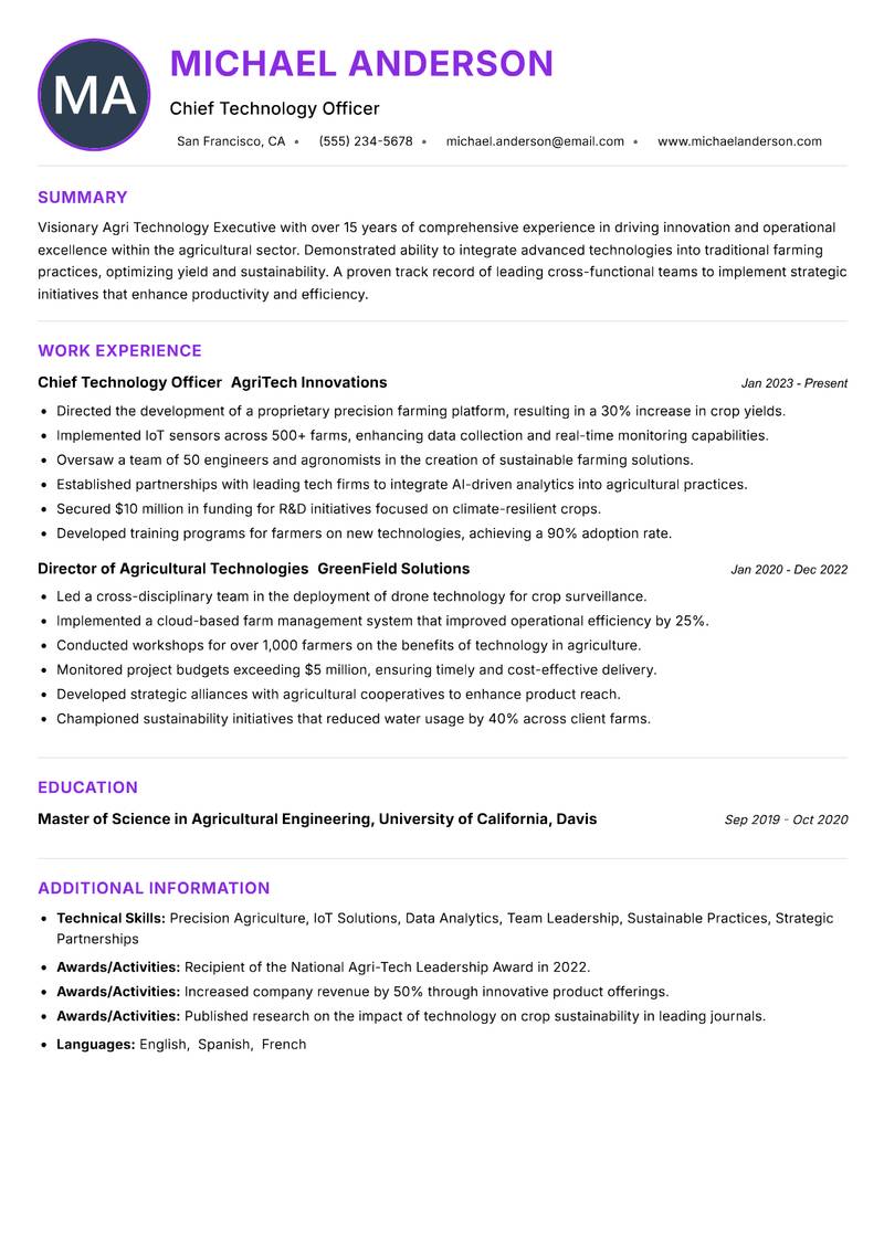 Agri Technology Executive resume example — ATS-friendly template