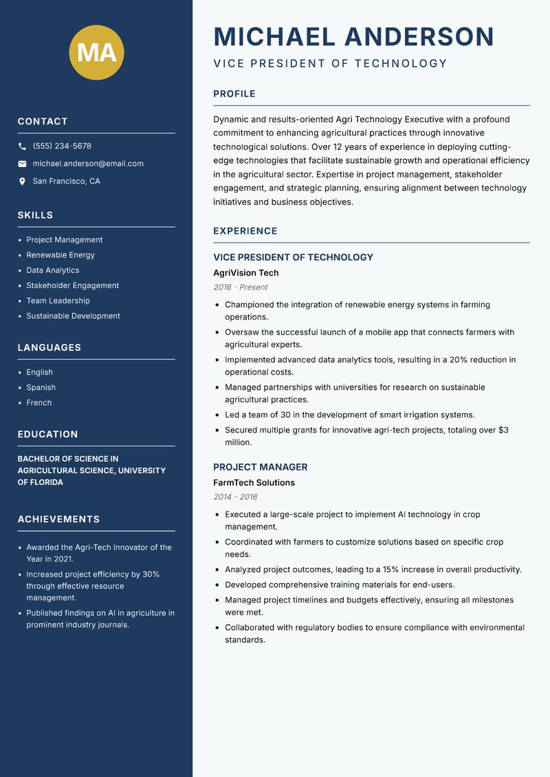 Agri Technology Executive resume template — Classic Clean