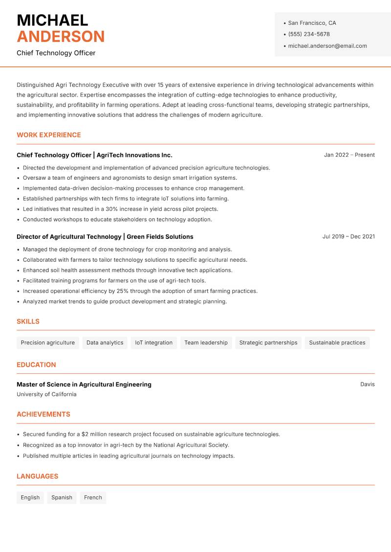 Agri Technology Executive resume template — Modern Professional