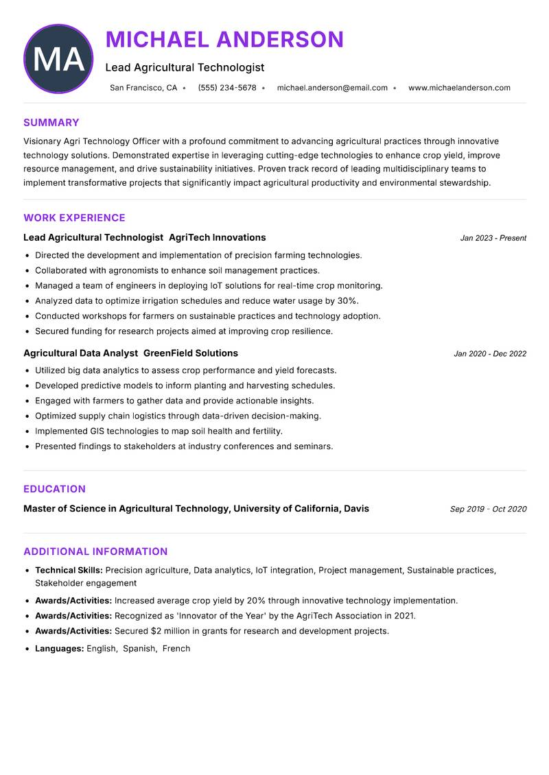Agri Technology Officer resume example — ATS-friendly template