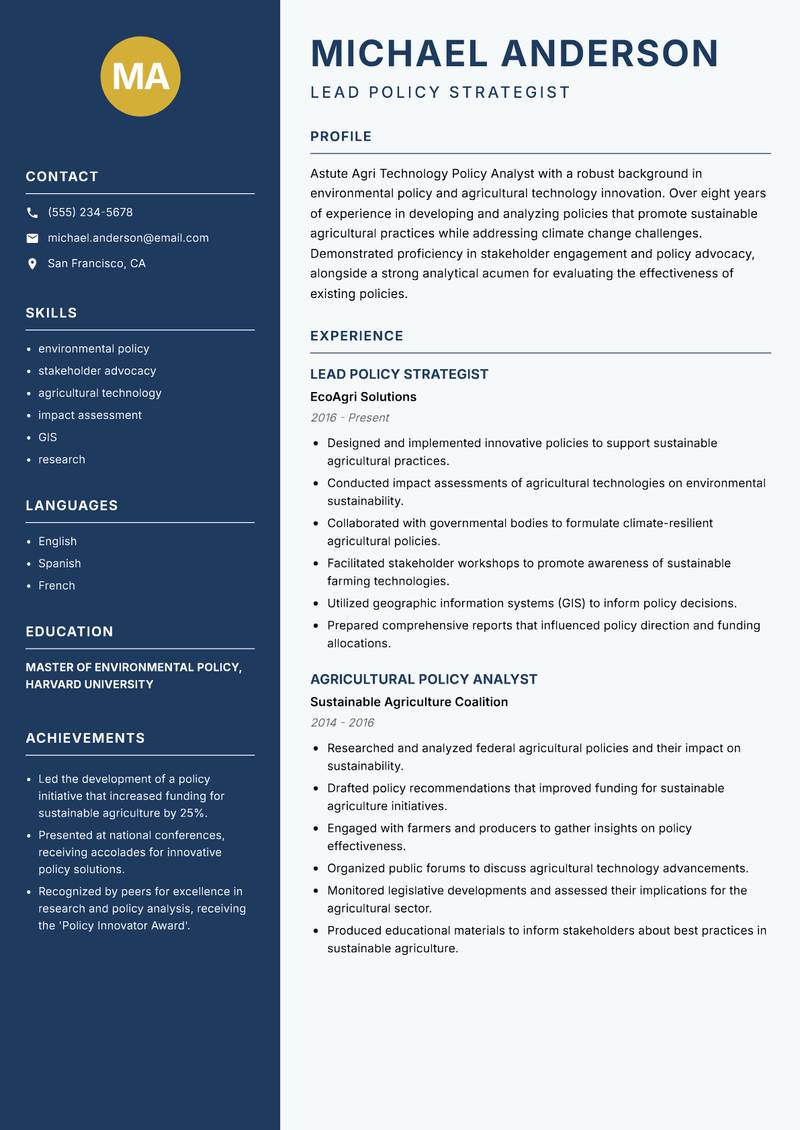 Agri Technology Policy Analyst resume template — Classic Clean