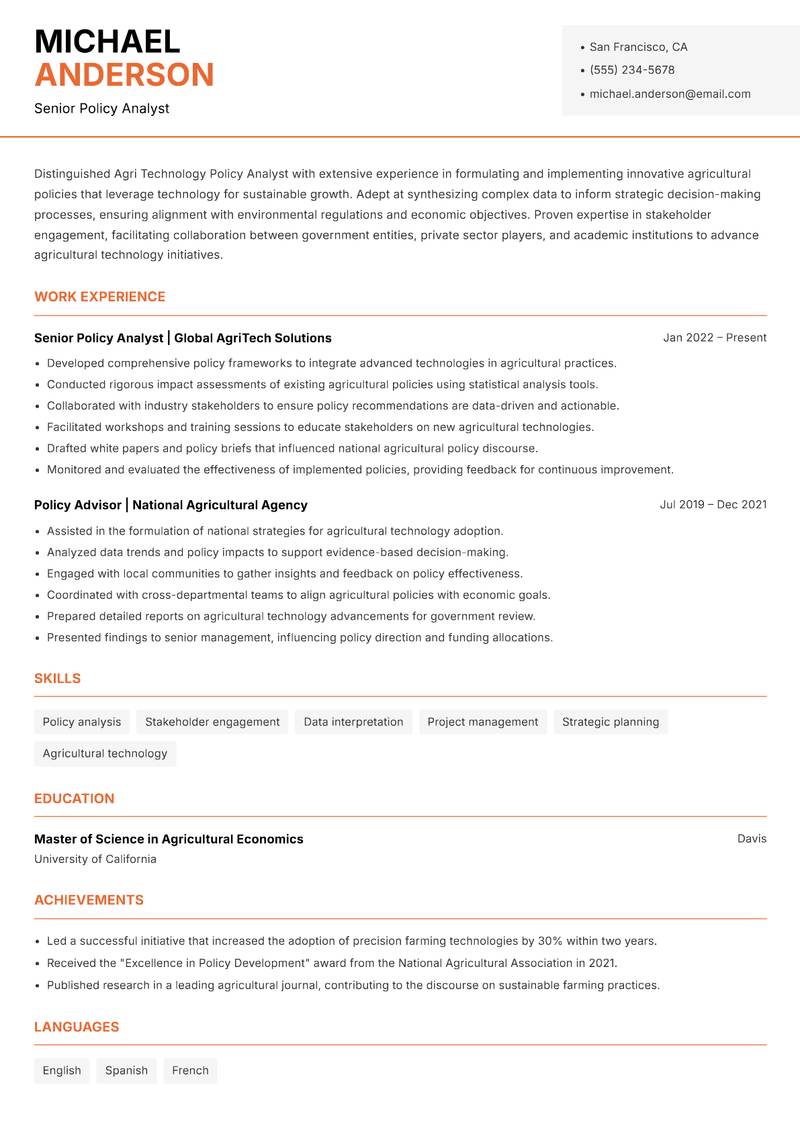 Agri Technology Policy Analyst resume template — Modern Professional
