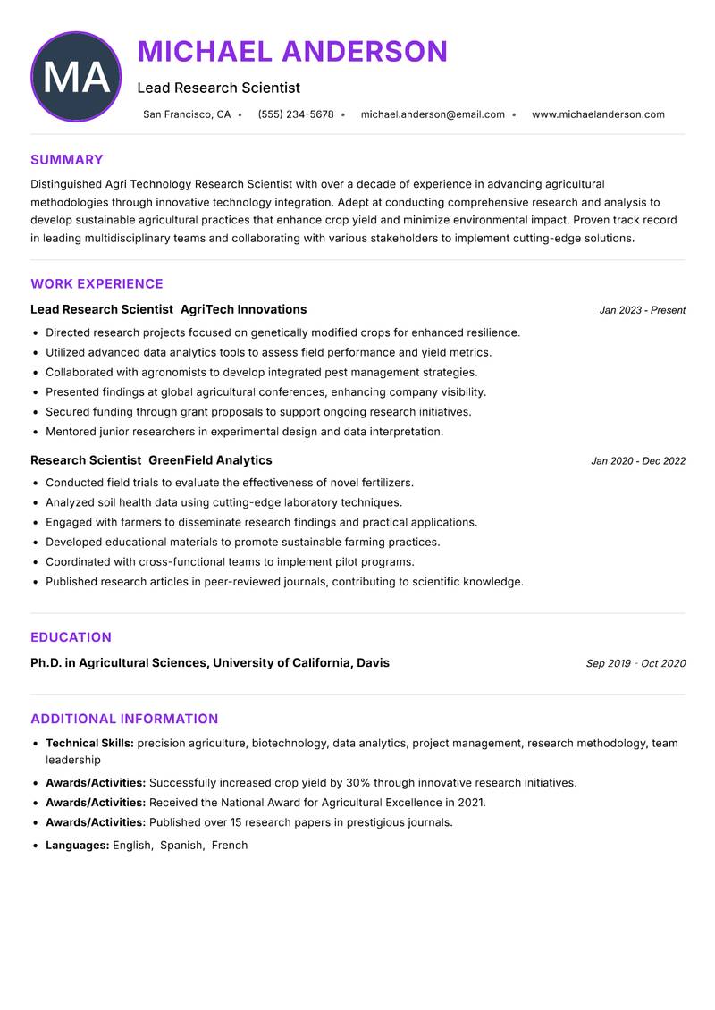 Agri Technology Research Scientist resume example — ATS-friendly template