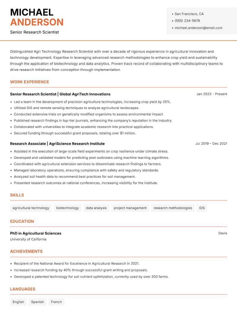 Agri Technology Research Scientist resume template — Modern Professional