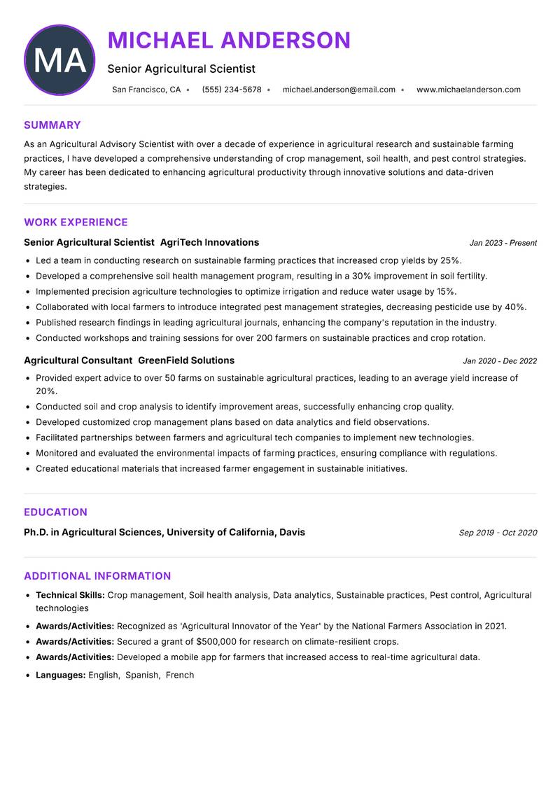 Agricultural Advisory Scientist resume example — Agricultural Sciences