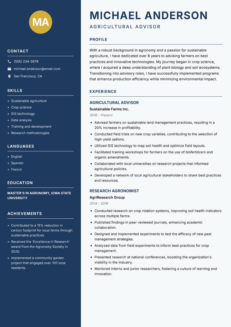 Agricultural Advisory Scientist resume template — Classic Clean
