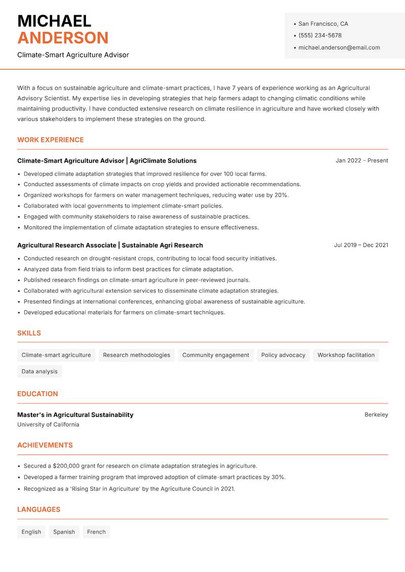 Agricultural Advisory Scientist resume template — Modern Professional