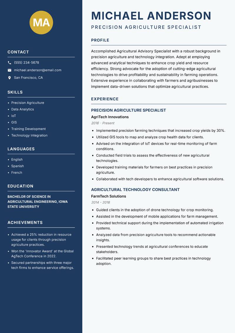 Agricultural Advisory Specialist resume template — Classic Clean