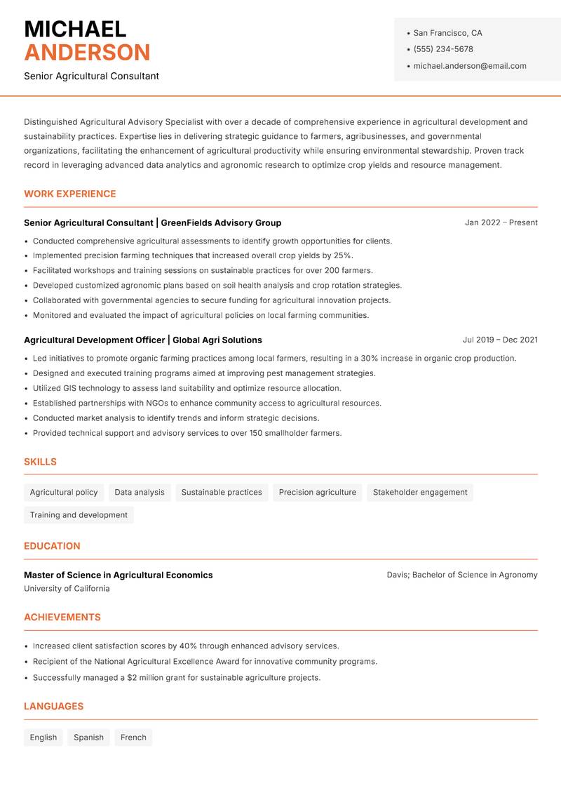 Agricultural Advisory Specialist resume template — Modern Professional