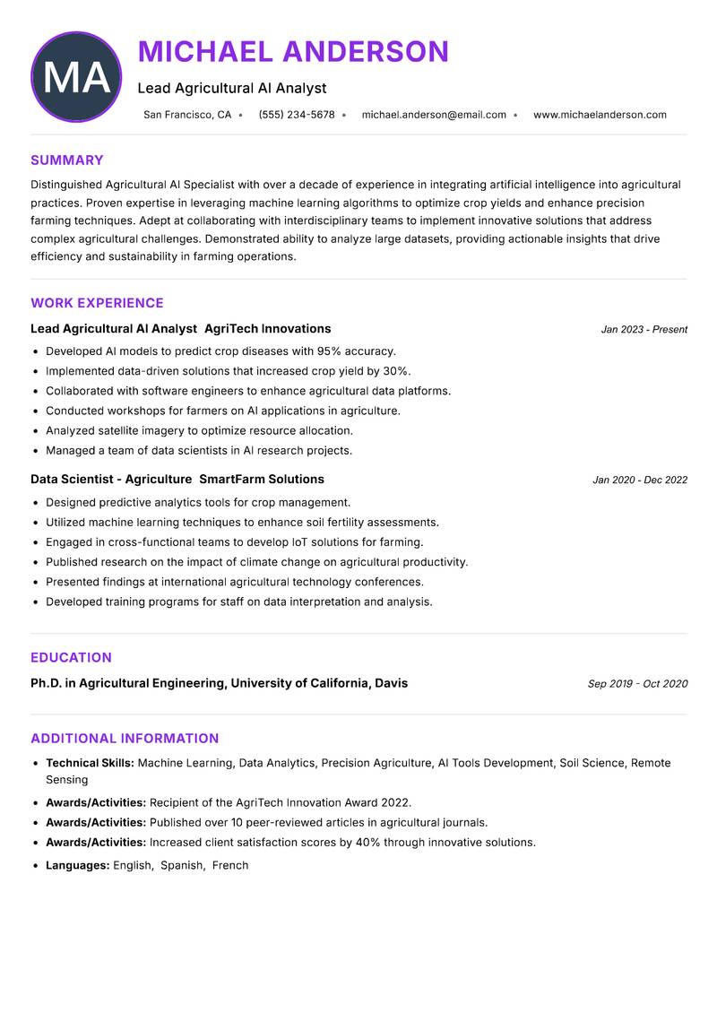 Agricultural AI Specialist resume example — ATS-friendly template