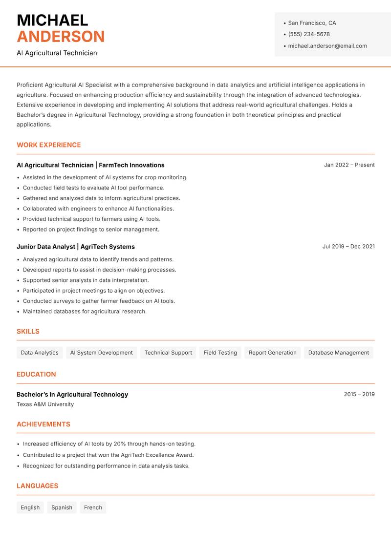 Agricultural AI Specialist resume template — Modern Professional