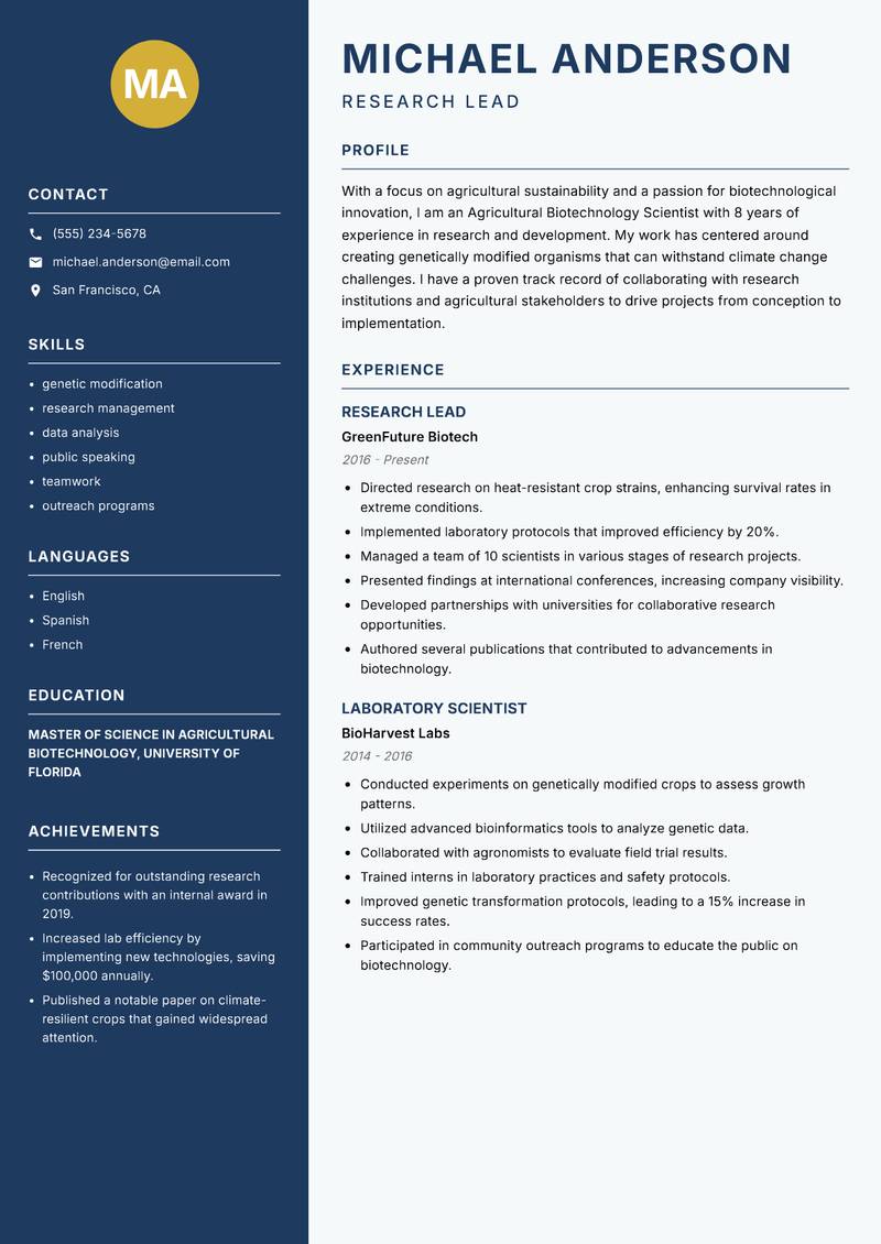 Agricultural Biotechnology Scientist resume template — Classic Clean
