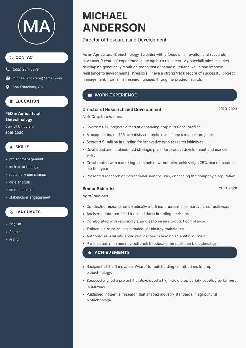 Agricultural Biotechnology Scientist resume template — Compact
