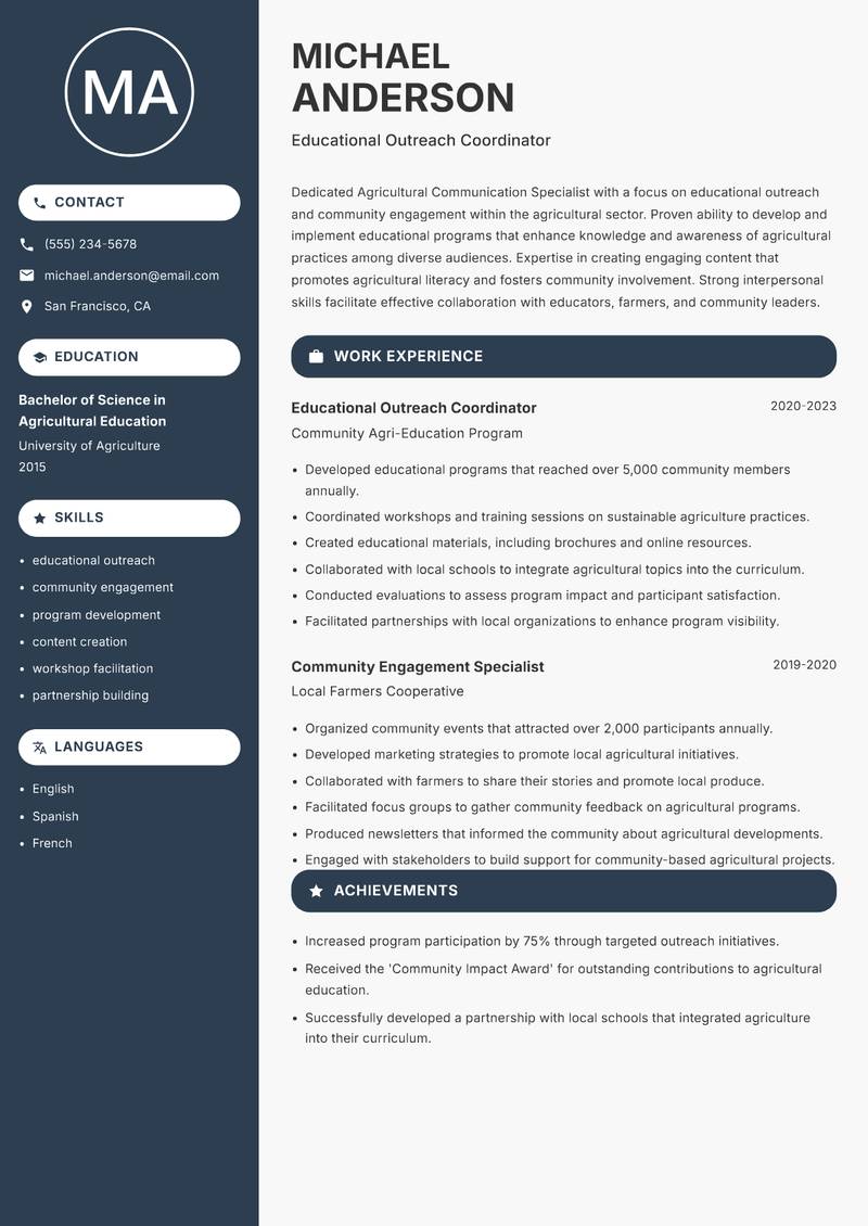Agricultural Communication Specialist resume template — Compact