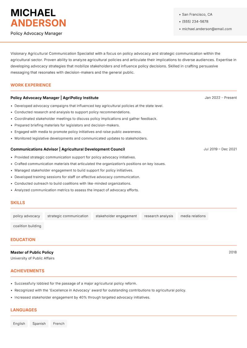 Agricultural Communication Specialist resume template — Modern Professional