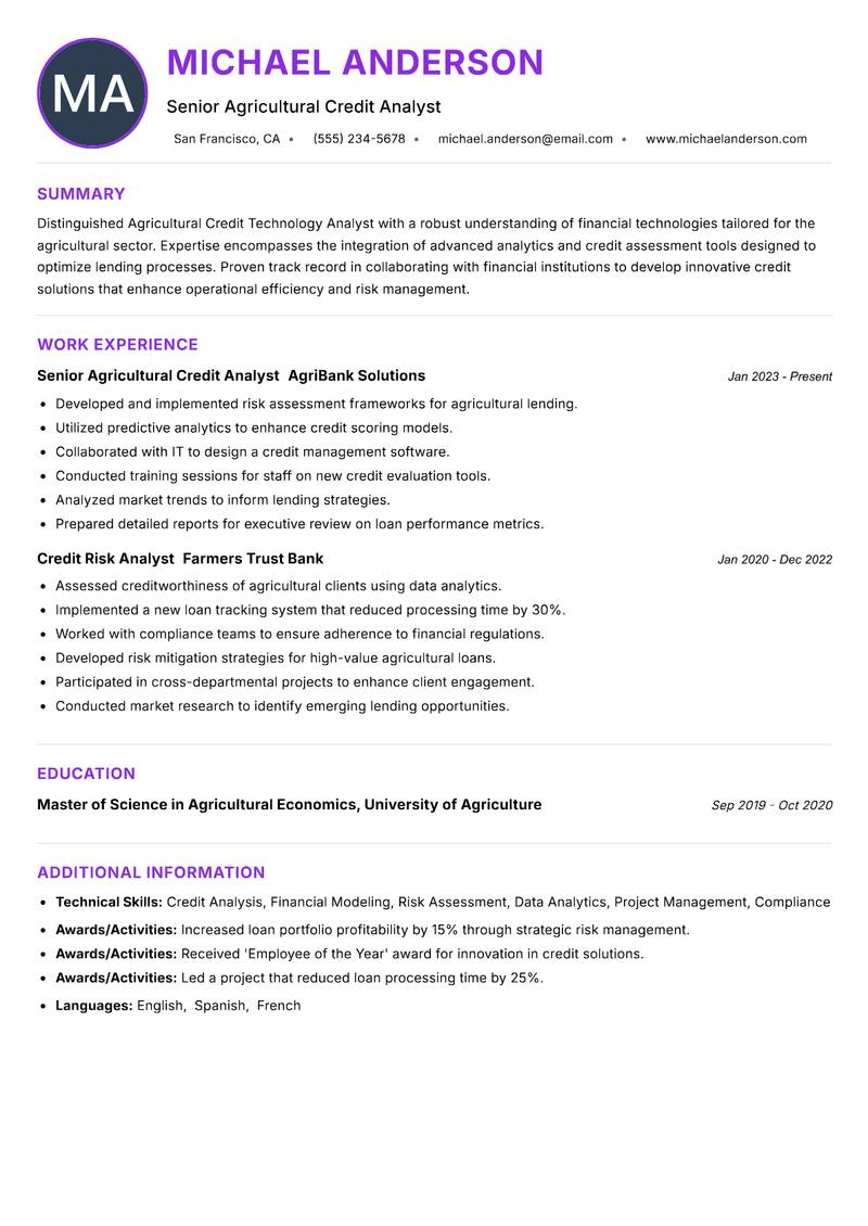Agricultural Credit Technology Analyst resume example — ATS-friendly template