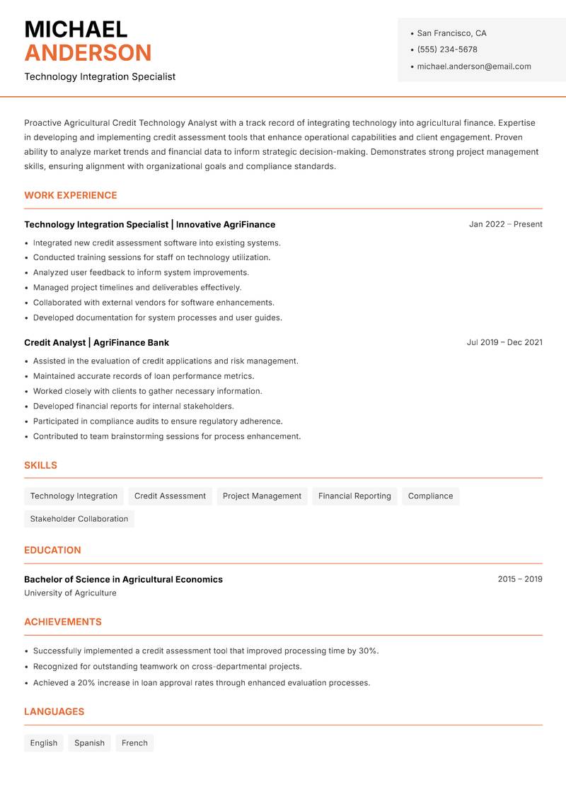Agricultural Credit Technology Analyst resume template — Modern Professional