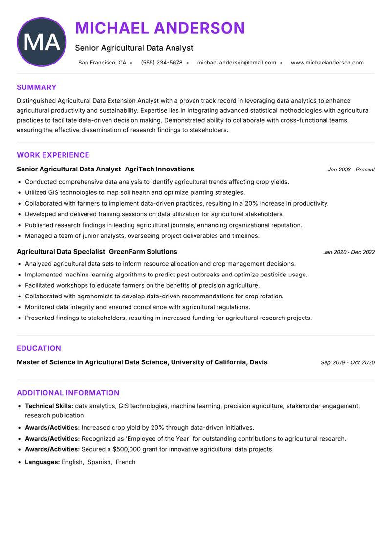 Agricultural Data Extension Analyst resume example — ATS-friendly template