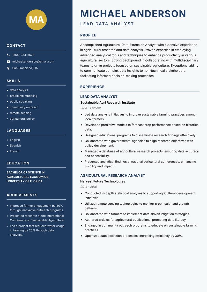 Agricultural Data Extension Analyst resume template — Classic Clean