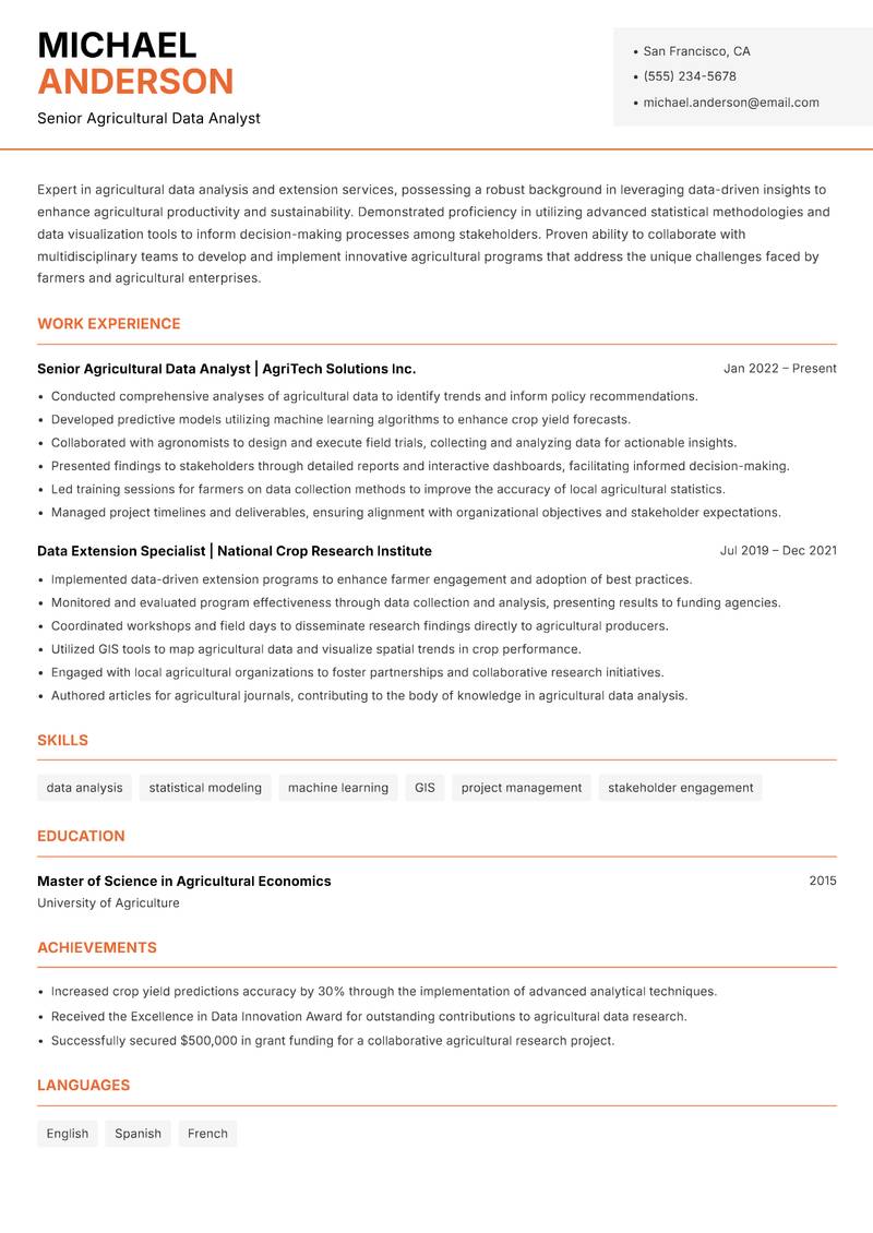 Agricultural Data Extension Analyst resume template — Modern Professional