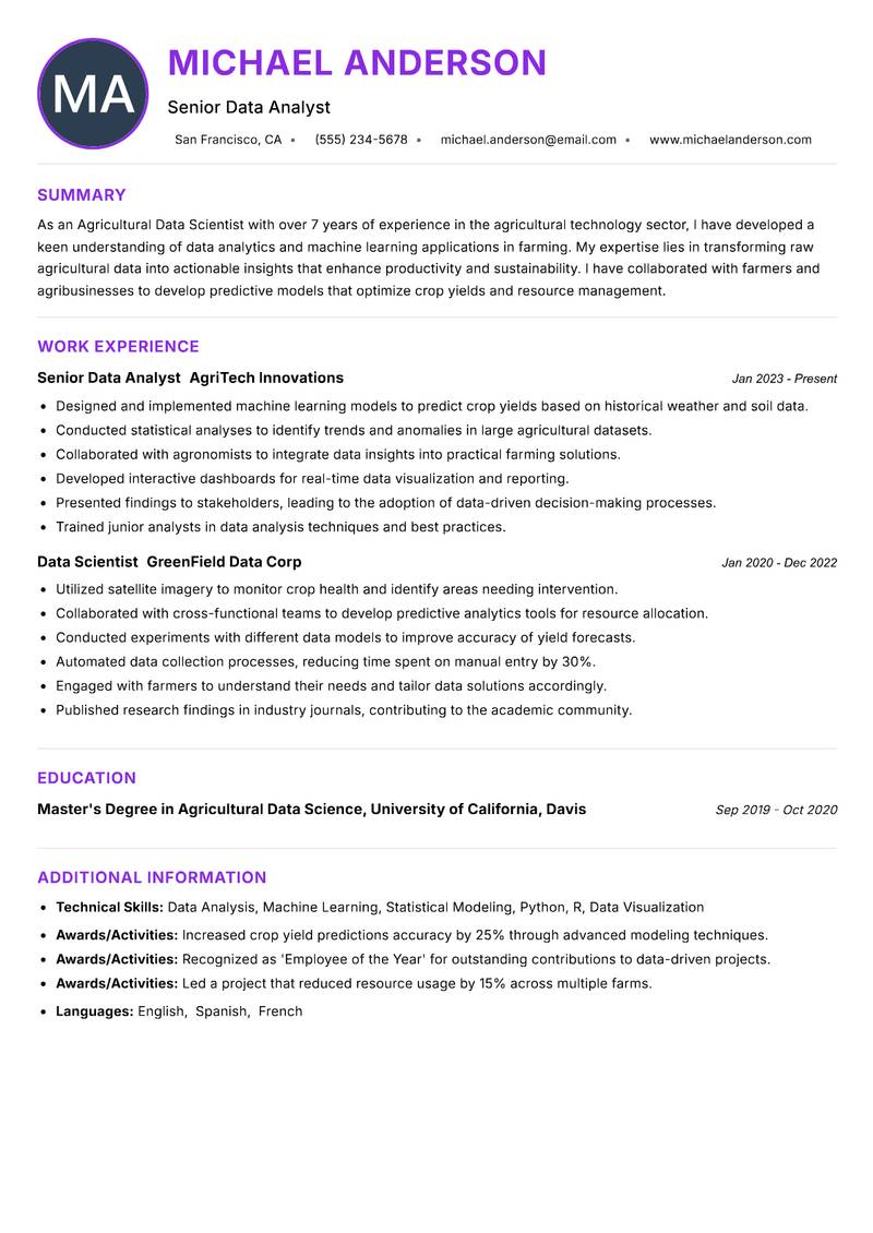 Agricultural Data Scientist resume example — ATS-friendly template