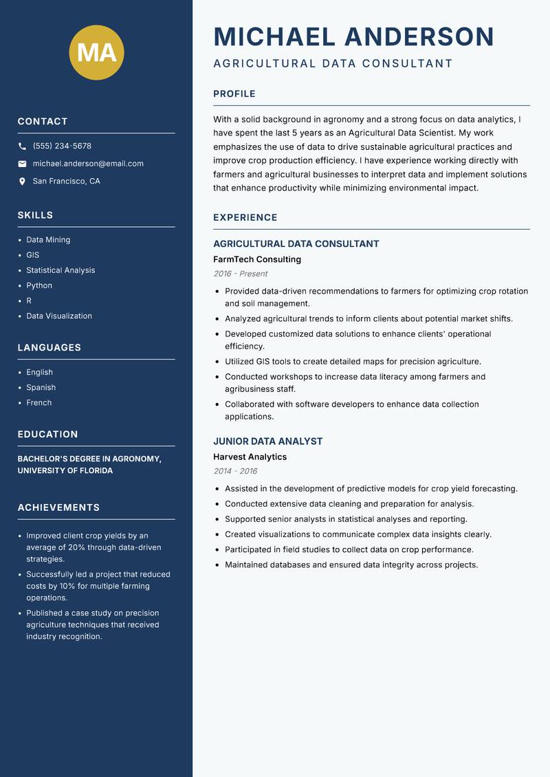 Agricultural Data Scientist resume template — Classic Clean
