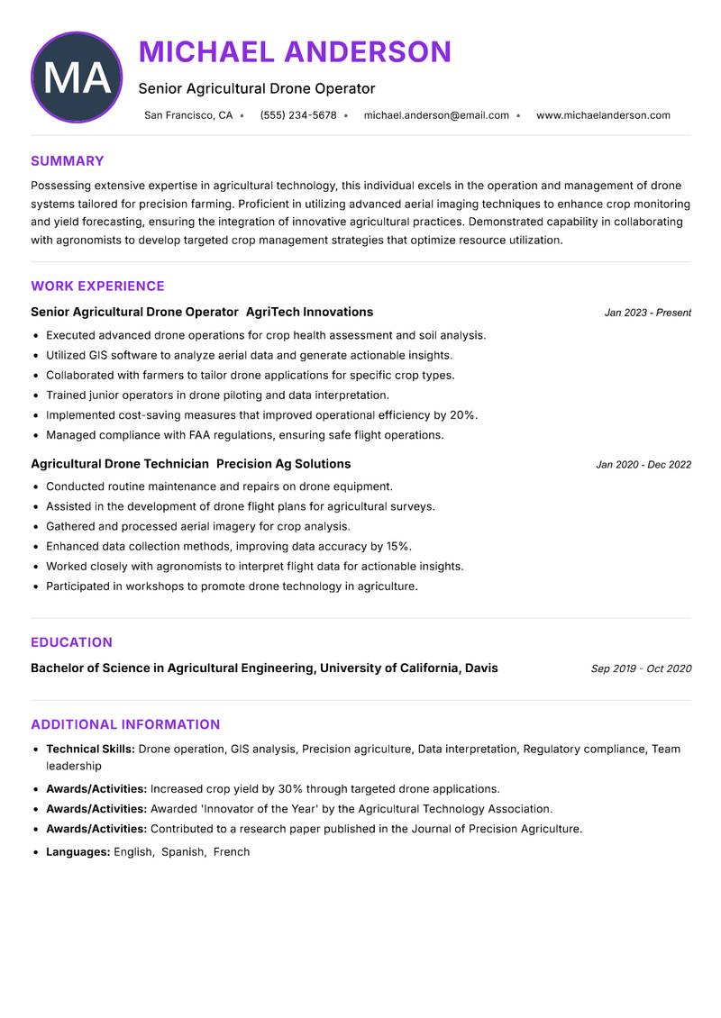 Agricultural Drone Operator resume example — ATS-friendly template