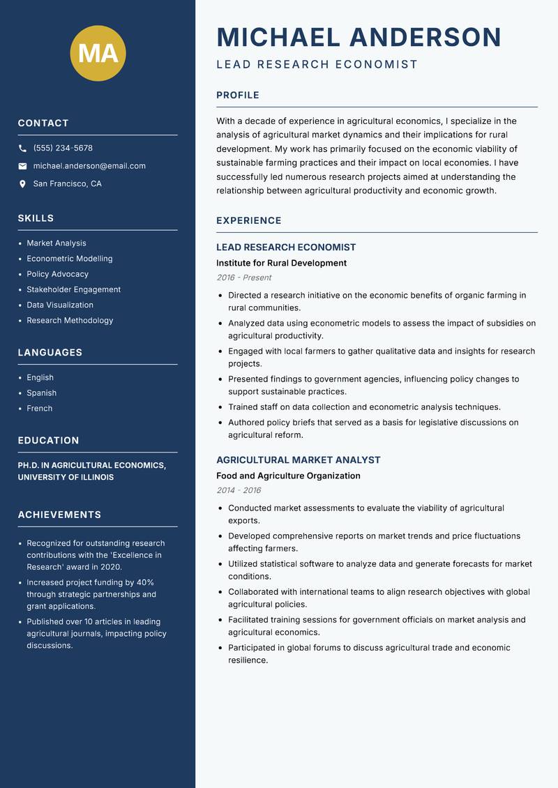 Agricultural Economics Researcher resume template — Classic Clean