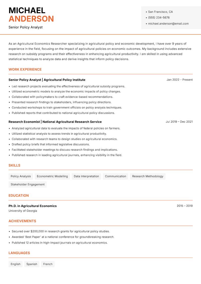 Agricultural Economics Researcher resume template — Modern Professional