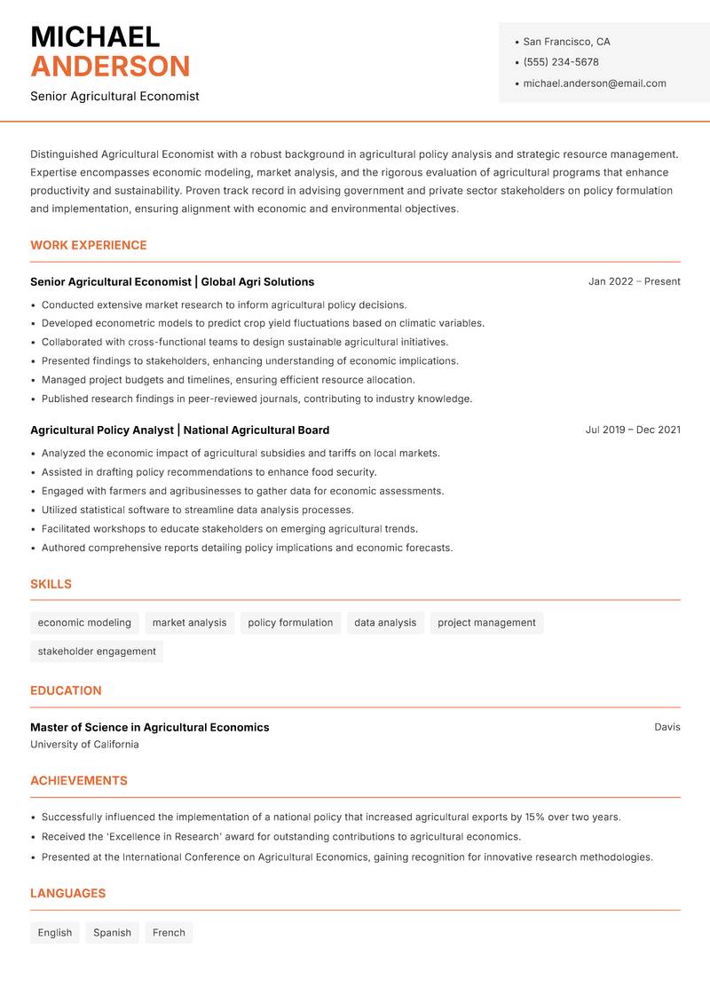 Agricultural Economist resume template — Modern Professional