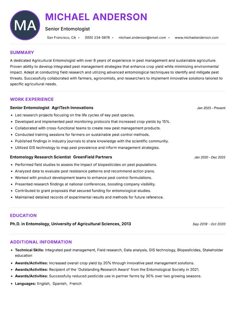 Agricultural Entomologist resume example — ATS-friendly template