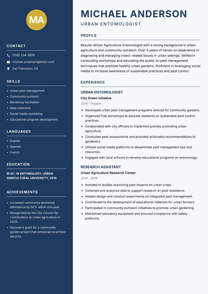 Agricultural Entomologist resume template — Classic Clean