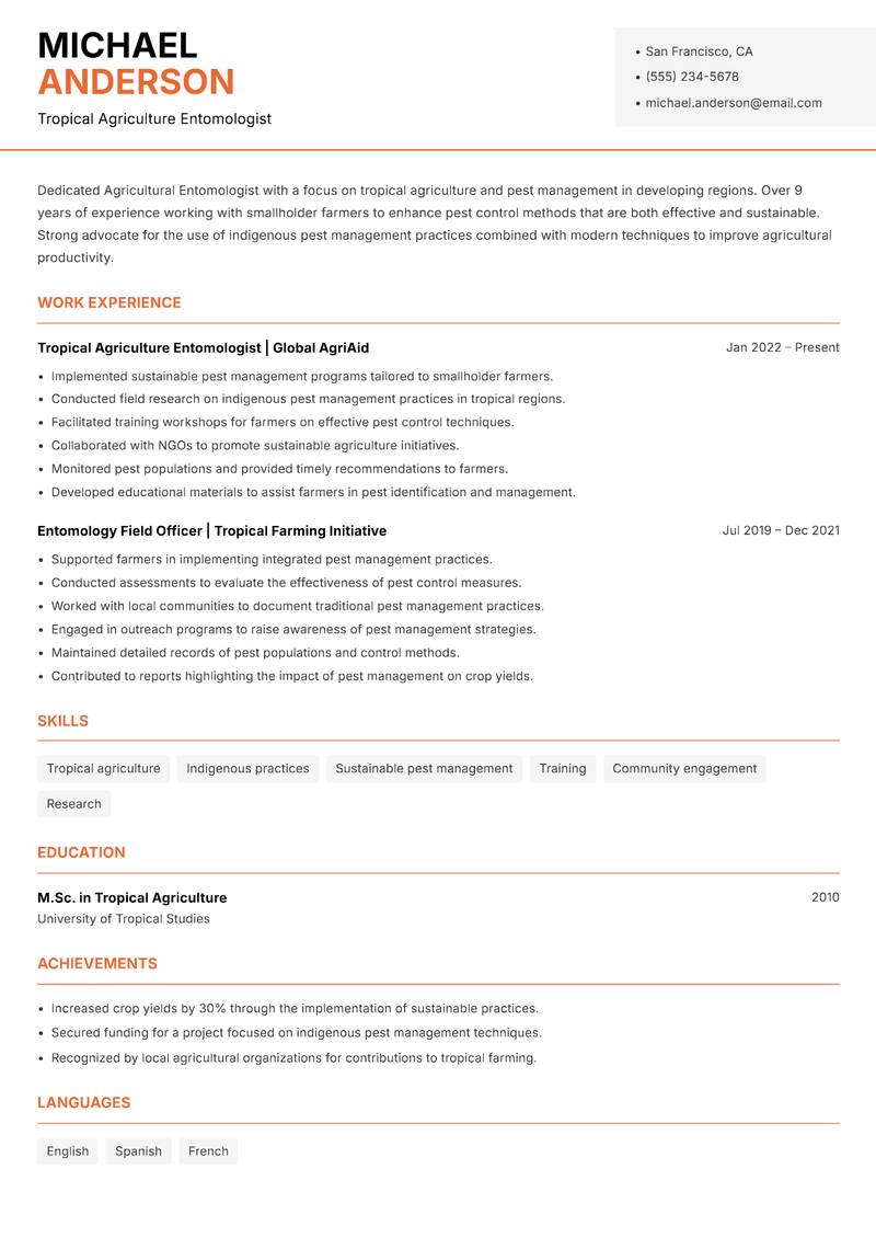 Agricultural Entomologist resume template — Modern Professional