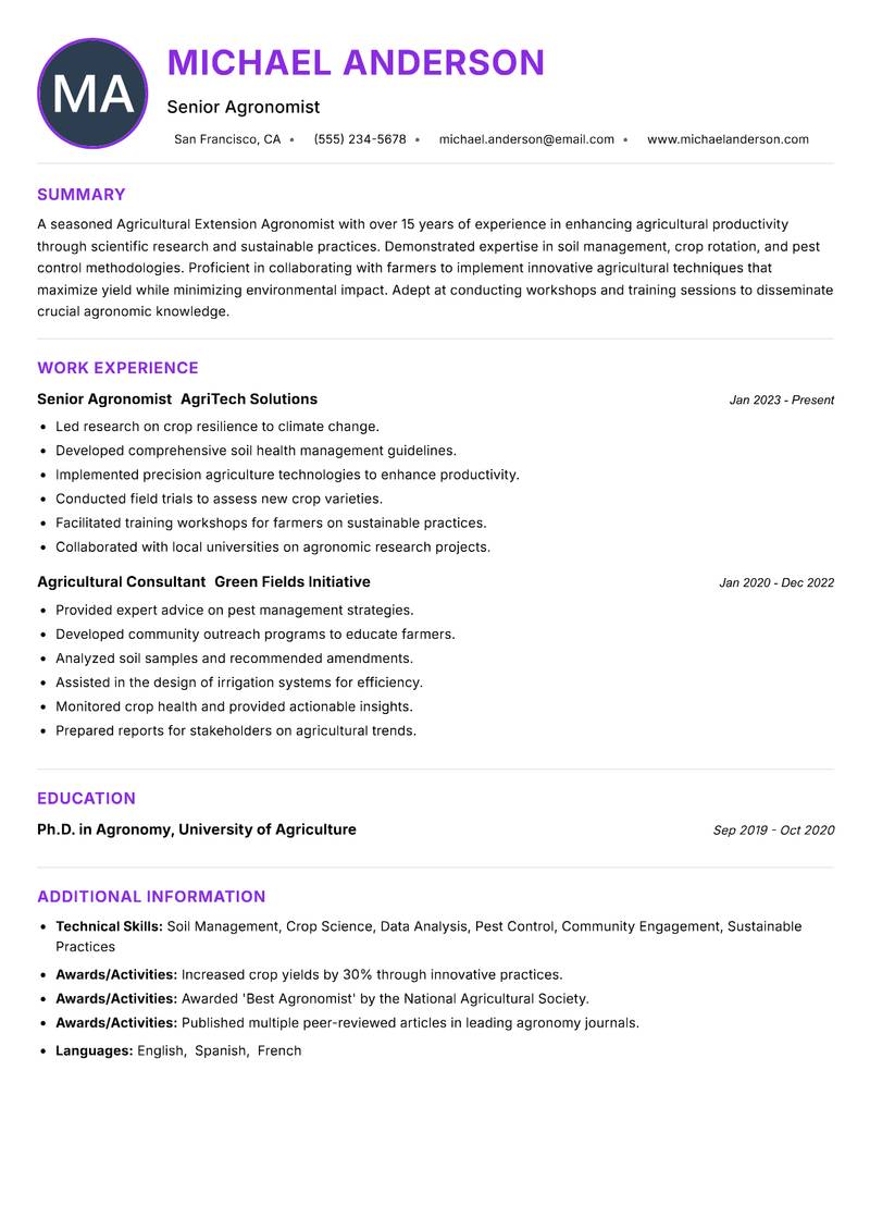 Agricultural Extension Agronomist resume example — ATS-friendly template