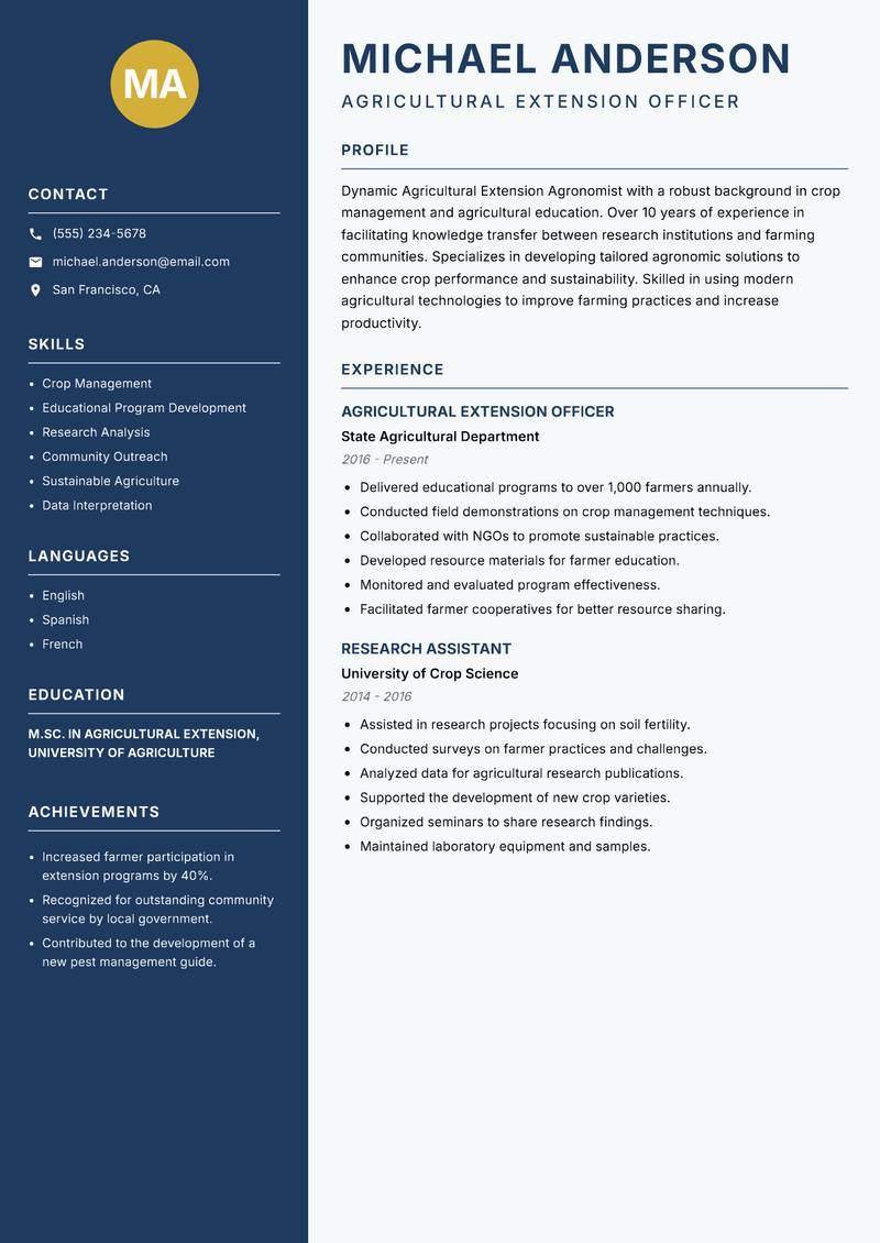 Agricultural Extension Agronomist resume template — Classic Clean