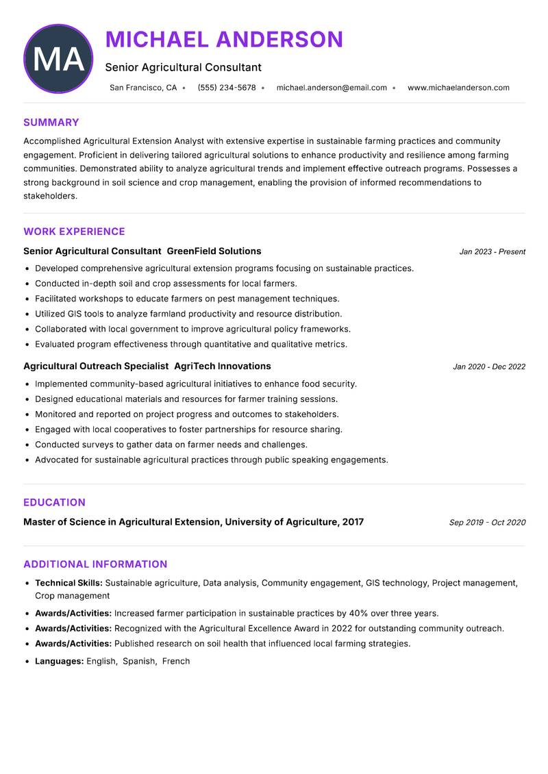 Agricultural Extension Analyst resume example — ATS-friendly template