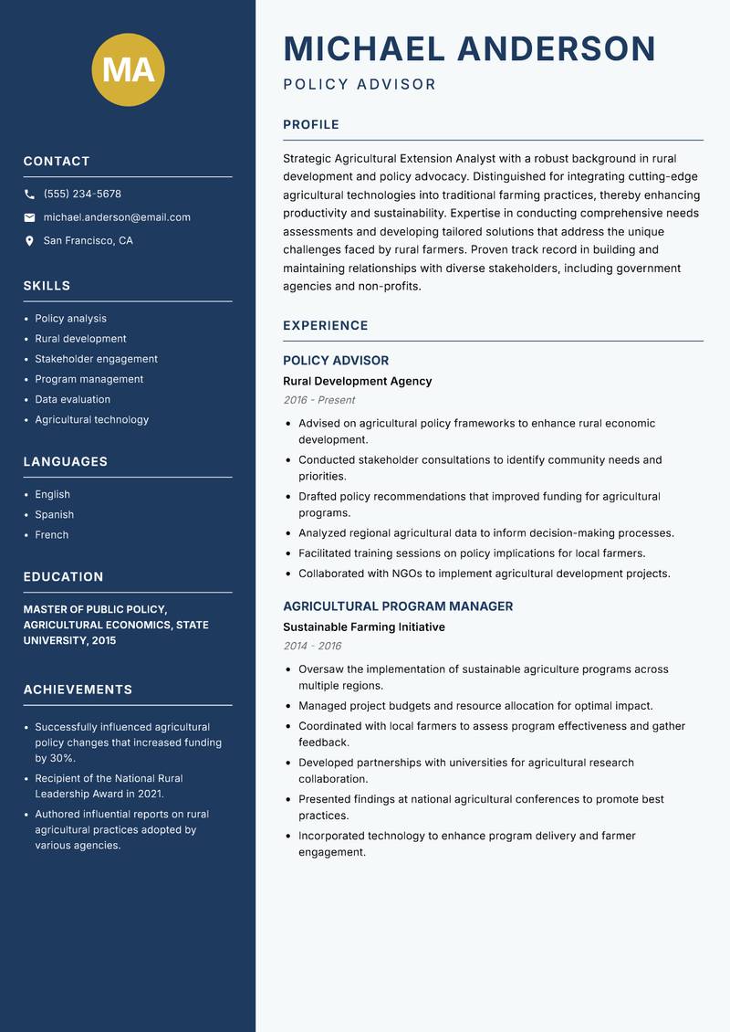 Agricultural Extension Analyst resume template — Classic Clean