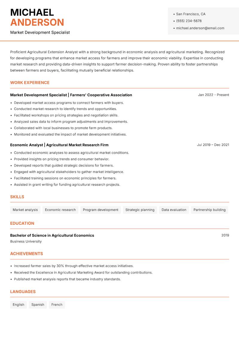 Agricultural Extension Analyst resume template — Modern Professional