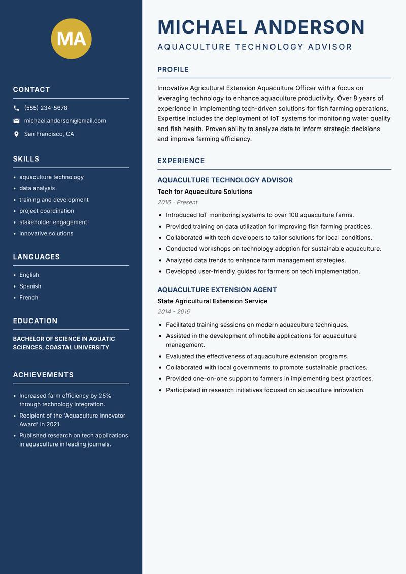 Agricultural Extension Aquaculture Officer resume template — Classic Clean