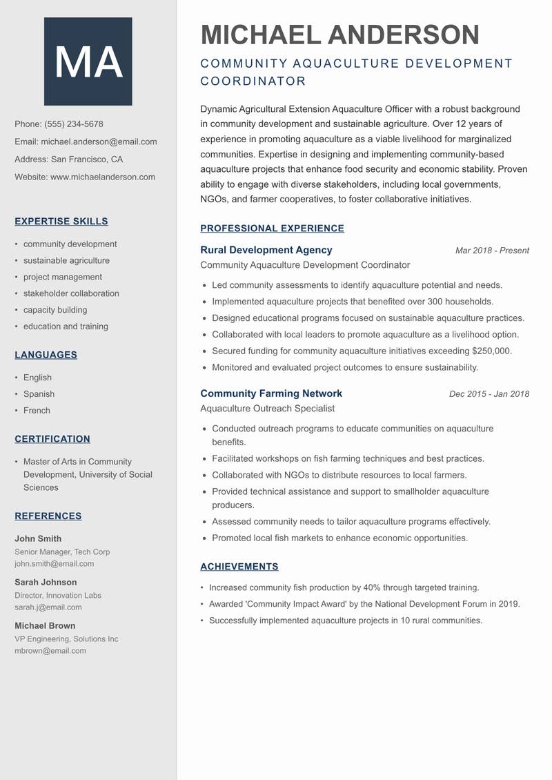 Agricultural Extension Aquaculture Officer resume template — Creative Minimal