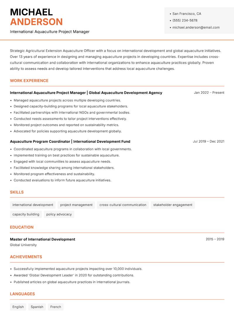 Agricultural Extension Aquaculture Officer resume template — Modern Professional