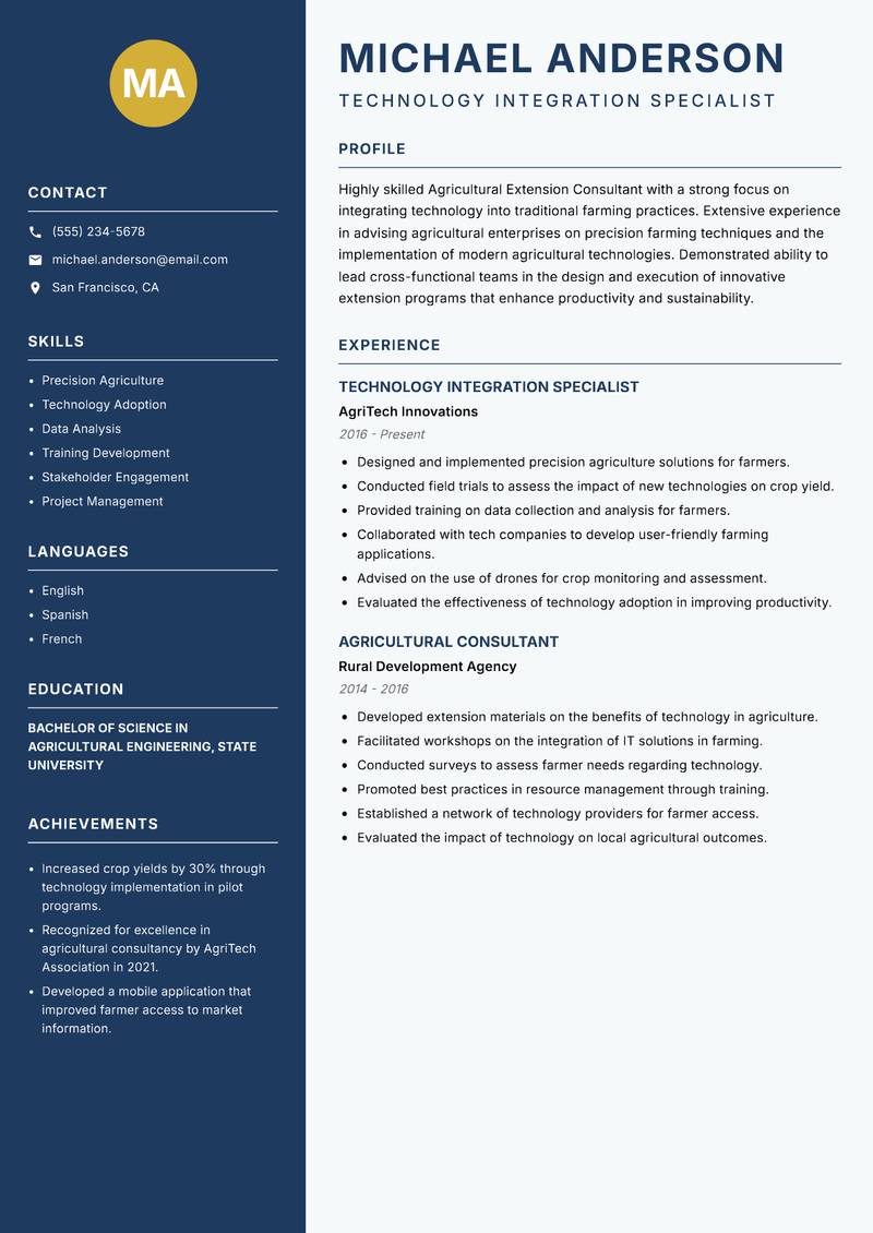 Agricultural Extension Consultant resume template — Classic Clean