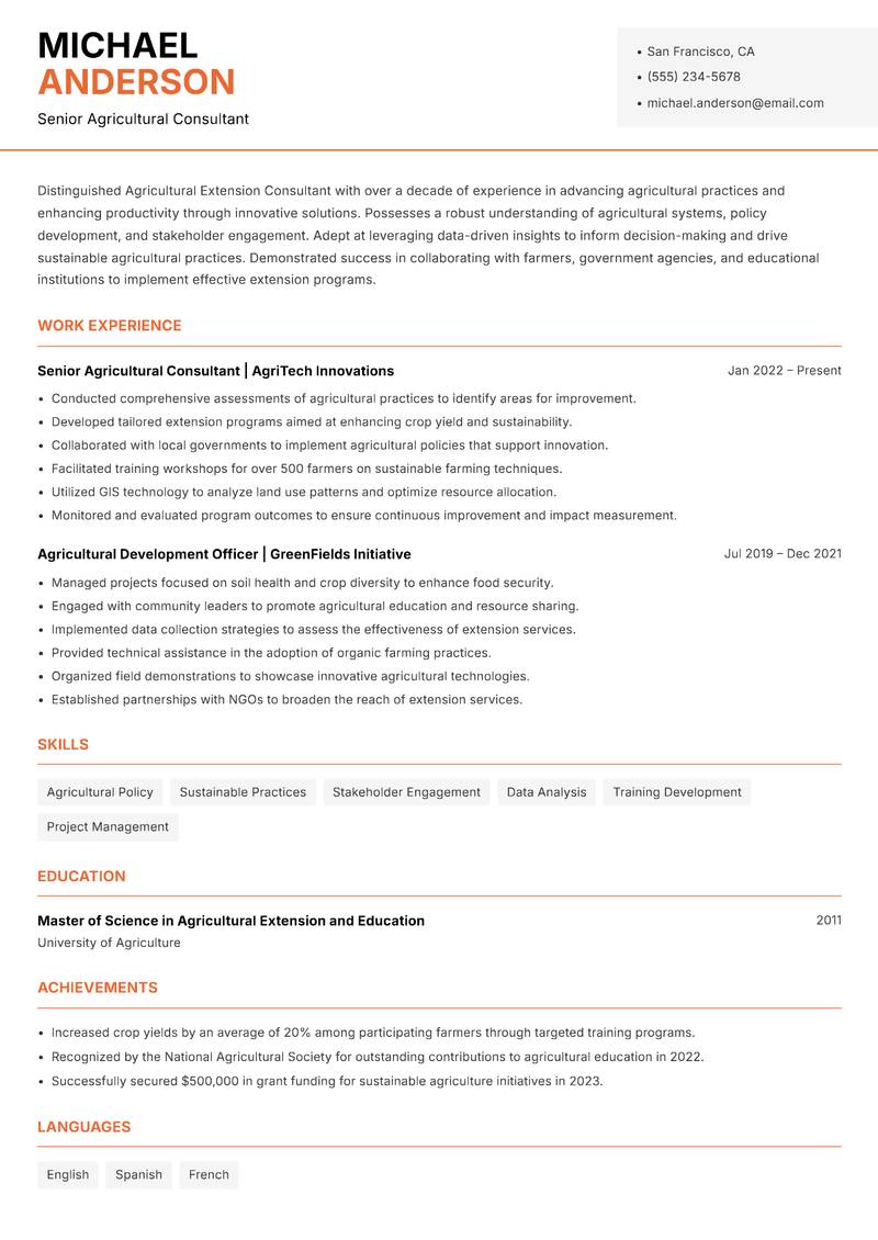 Agricultural Extension Consultant resume template — Modern Professional